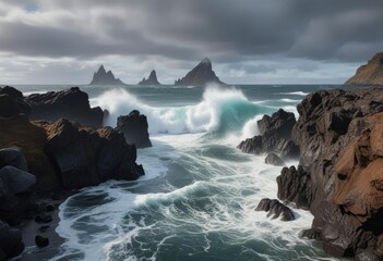 Obraz premium Icelandic coastal scenery with waves breaking on volcanic rocks, misty, natural, shoreline