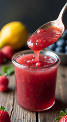 Bright red fruit jam is being spooned out of a glass jar, surrounded by fresh strawberries and a yellow lemon with a bowl of blueberries in the background