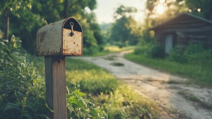 Rustic mailbox on a country road serene landscape nature peaceful environment early morning light rural concept for seo impact