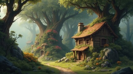 Fototapeta premium Fantasy Village in Giant Tree Branches