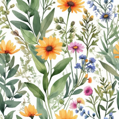 Wild flowers watercolor seamless pattern botanical hand drawn illustration