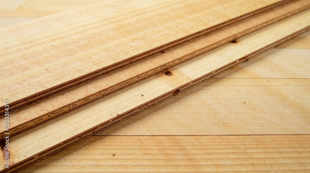 Aufkleber Close-up view of layered wood sheets showcasing detailed grain patterns and subtle textural variations, ideal for construction and design projects
