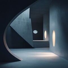 Abstract concrete architecture, interior hallway, stairs, ambient light, modern design, website background