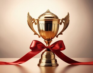 a gold cup with a red ribbon around it