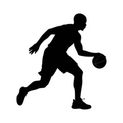 Silhouette of a basketball player dribbling a ball during a game