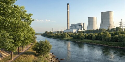 Obraz premium Industrial power plant along the riverbank with trees on either side, pollution, coal power plant, industrial, river, industrial area