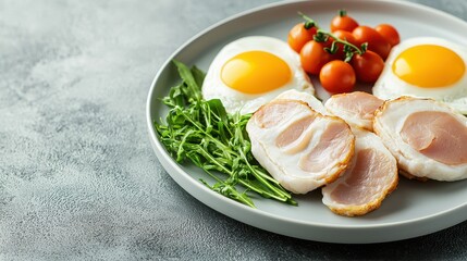 Gastrointestinal Digestion Symptoms Concept, Low FODMAP Meal Plate with Eggs, Tomatoes, and Lean Protein on a Neutral Background