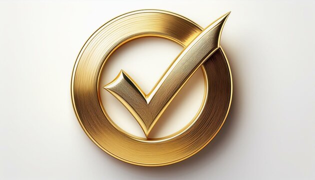 shiny golden check mark in circle box symbol on white background metallic gold tick mark sign