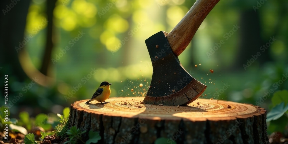 Poster a small bird calmly observes a descending axe near a tree stump in a sunlit forest