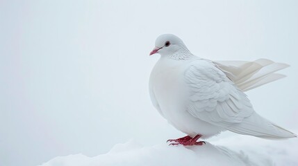 Obraz premium A graceful white dove stands on a snowy branch, its wings spread wide in a majestic display.