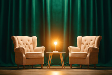 Cozy studio room featuring two armchairs and table with lamp, illuminated by warm light. green curtains create serene atmosphere, perfect for relaxation