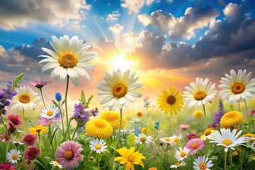 Vibrant Wildflower Meadow at Sunrise, Featuring Daisies and Other Blossoms Basking in the Golden Hour Light