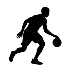 Silhouette of a basketball player dribbling the ball