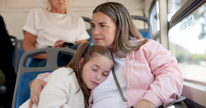 Bus, hug or love with girl and mom on public transport together for commute, sleeping or travel. Break, rest and thinking woman with tired daughter in vehicle for adventure or sightseeing trip
