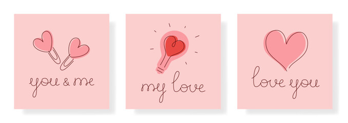 Set of simple square cards for Valentines Day. Romantic cards for February 14. Festive cards with handwritten inscriptions, decorative hearts and symbols of love