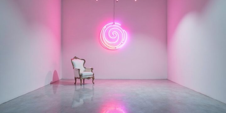 A Single Ornate Chair in a Minimalist Room with Pink Neon Spiral Artwork