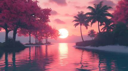 Pink sunset over tropical island; calm water, palm trees. Use travel brochure