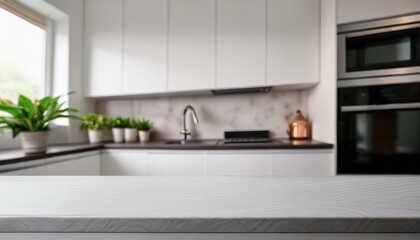 countertop with blurred home kitchen background in white