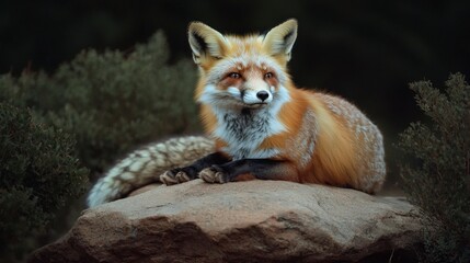 Naklejka premium Red Fox Resting on Rock in Snowy Winter Forest