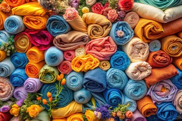A vibrant collection of rolled fabrics in diverse colors and textures, adorned with delicate floral arrangements.