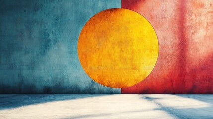 Contrasting Wall with Golden Circle, Abstract Composition in Blue and Red