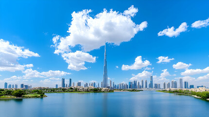 Dubai cityscape, skyscraper, lake, sunny day, travel