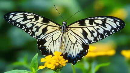 Naklejka premium Stunning Black and White Butterfly on Bright Yellow Flower Bloom