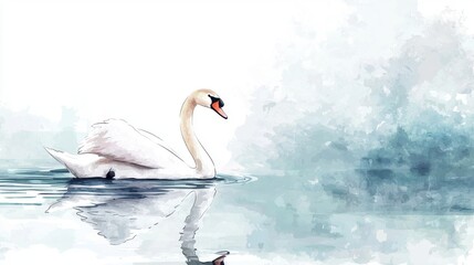 Obraz premium Graceful swan, gliding across a serene lake, reflections in the water, Watercolor