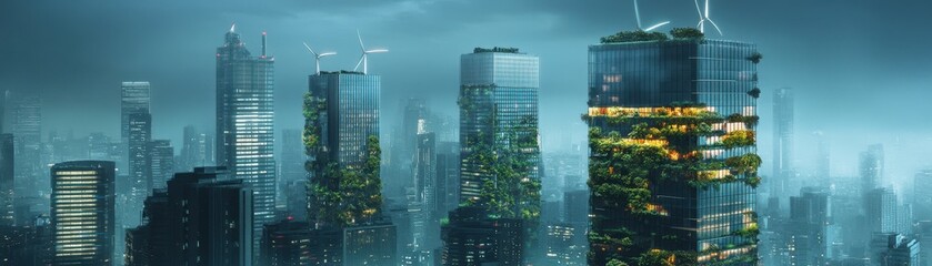 Futuristic skyline with eco-friendly skyscrapers