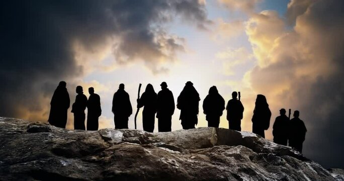 A group of the 12 Disciple Apostles of Jesus Christ are standing on a rock mountain for a biblical christian message about faith and religion generated with AI from one of my own photos.