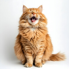 Cheerful Ginger Cat Laughing Playfully Against Solid White Background