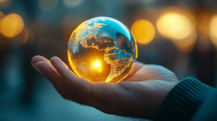 Fototapeta premium Glowing Digital Globe Held in Hand, Symbolizing Technology and Global Influence