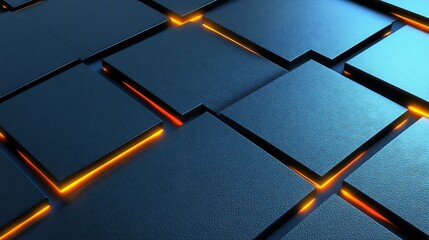 Abstract Dark Blue Cubes Glowing Orange Lines Modern Geometric Pattern. AI Generated