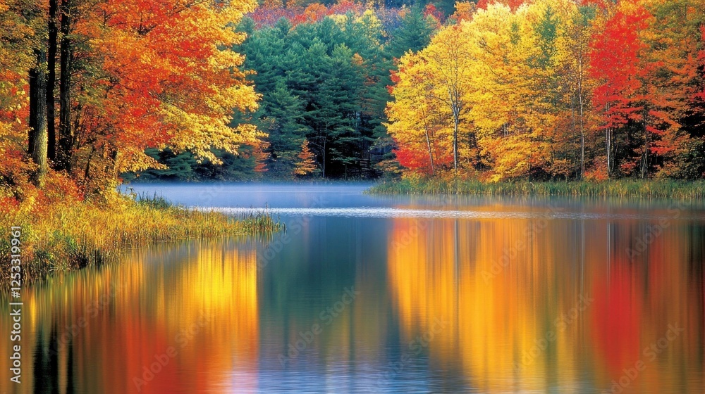 Canvas Prints Autumnal Serenity: A Lake Mirroring Fall's Majesty