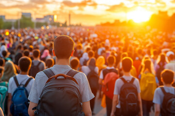 vast crowd of young individuals with backpacks walking towards sunset, creating vibrant and energetic atmosphere. scene captures sense of unity and purpose among group