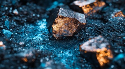 Close-up of raw copper ore with shiny copper metal texture, set against a blue-black earthy stone background, showcasing the natural beauty of mineral extraction and mining.