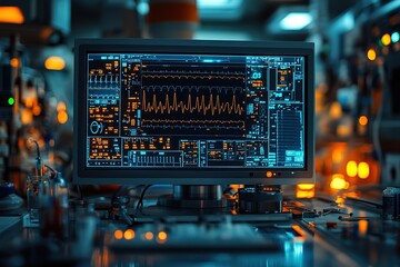 Electronic Display: A screen shows an array of information and graphics hinting at scientific or technological monitoring in a laboratory setting
