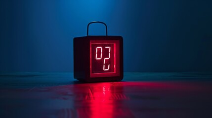 A retro styled glowing red alarm clock sits on a dark blue surface. The clock is showing 07:00.