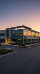 Modern Office Building at Sunset: Reflective Glass & Accessible Parking - Business, Architecture, and Evening Glow