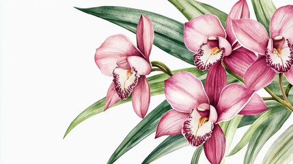 Obraz premium Elegant orchids, exotic beauty, intricate details, lush green leaves, Watercolor