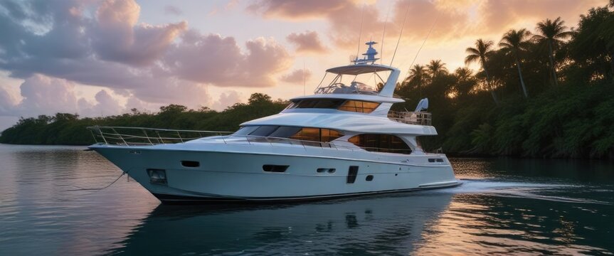 Luxury yacht moored at the St Lucie Intra coastal River in Stuart Florida with a sailfish, aquatic life, docks
