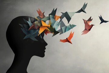 Silhouette with origami birds emerging from head