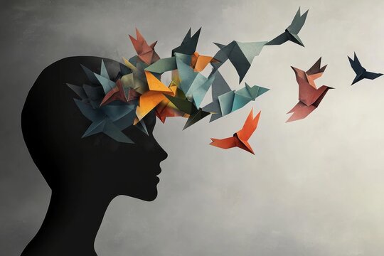 Silhouette with origami birds emerging from head