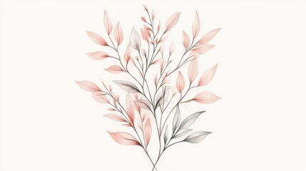 Fototapeta premium Pastel pink and gray leaves bouquet, white background, botanical illustration, wedding invitation