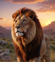 Majestic lion with reddish-brown mane facing west towards a vibrant sunset , lion sunset, wild animal