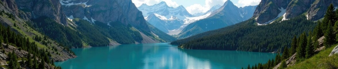 Majestic mountain with rugged terrain and turquoise lake, nature, mountainside, water