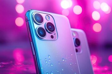 Sleek smartphone with advanced camera system highlighted by vibrant neon lighting for a modern eye-catching aesthetic