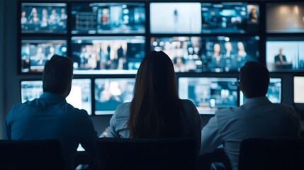 Focused Creative Team Brainstorming Video Content Ideas in Modern Conference Room with Monitors