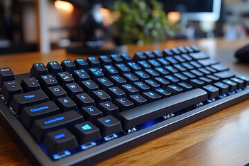 Illuminated computer keyboard on a wooden desk The keyboard has glowing blue letters on each key against a background of a blurry office