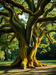 Majestic tree covered with bright yellow lichen in Cannon Hall parkland, colorful, vibrant
